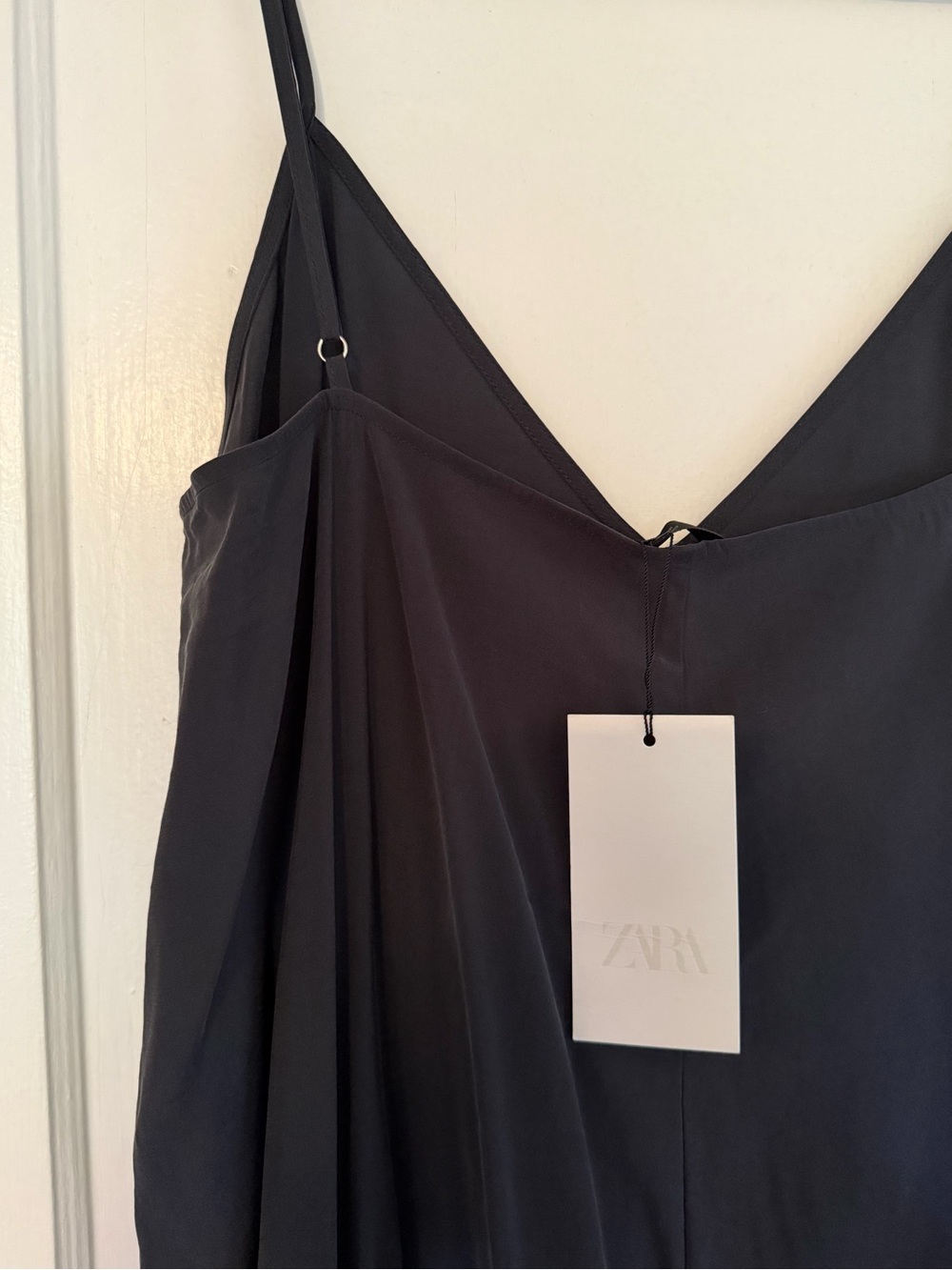 ZARA Charcoal Gray Slip Maxi Dress with V-Neck and Spaghetti Straps